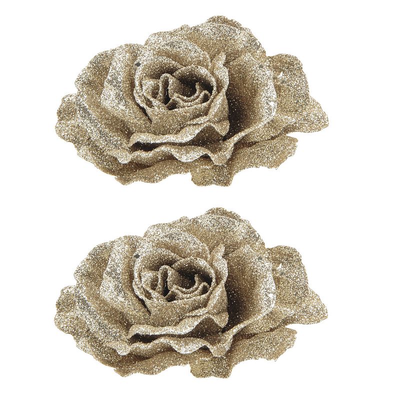 Foto van 4x stuks decoratie bloemen roos champagne glitter op clip 10 cm - kersthangers