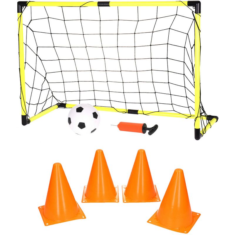 Foto van Voetbalgoal/voetbaldoel met bal en pomp - incl. 4x oranje pionnen 17 cm - voetbaldoel