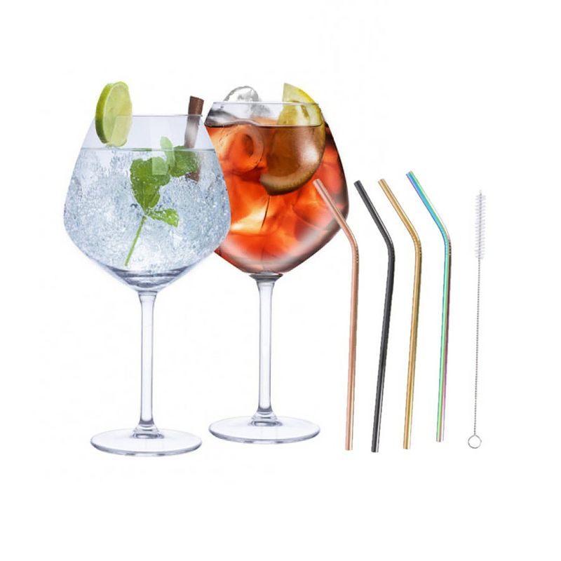 Foto van Set van 4x gin tonic cocktailglazen met 4x gekleurde rietjes rvs - cocktailglazen