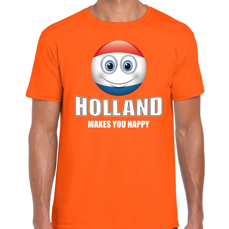 Foto van Holland makes you happy landen / vakantie shirt oranje voor heren met emoticon m - feestshirts