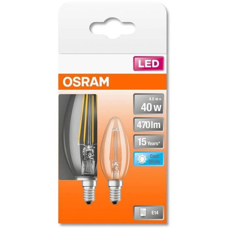 Foto van Osram bte2 led-lamp flame helder filament - 4 w = 40 w - e14 - koel wit