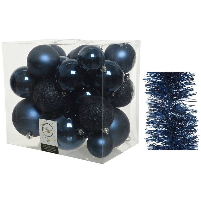 Foto van Kerstversiering kunststof kerstballen 6-8-10 cm met folieslingers pakket donkerblauw van 28x stuks - kerstbal