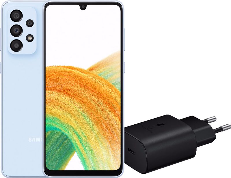 Foto van Samsung galaxy a33 128gb blauw 5g + samsung 25 watt snellader zwart