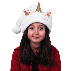 Foto van Kerstmutsen - 2x stuks - wit - eenhoorn - met licht - voor kinderen - kerstmutsen