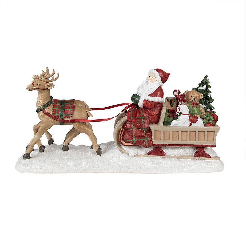 Foto van Clayre & eef beeld kerstman slee 41x11x19 cm rood polyresin kerstdecoratie rood kerstdecoratie