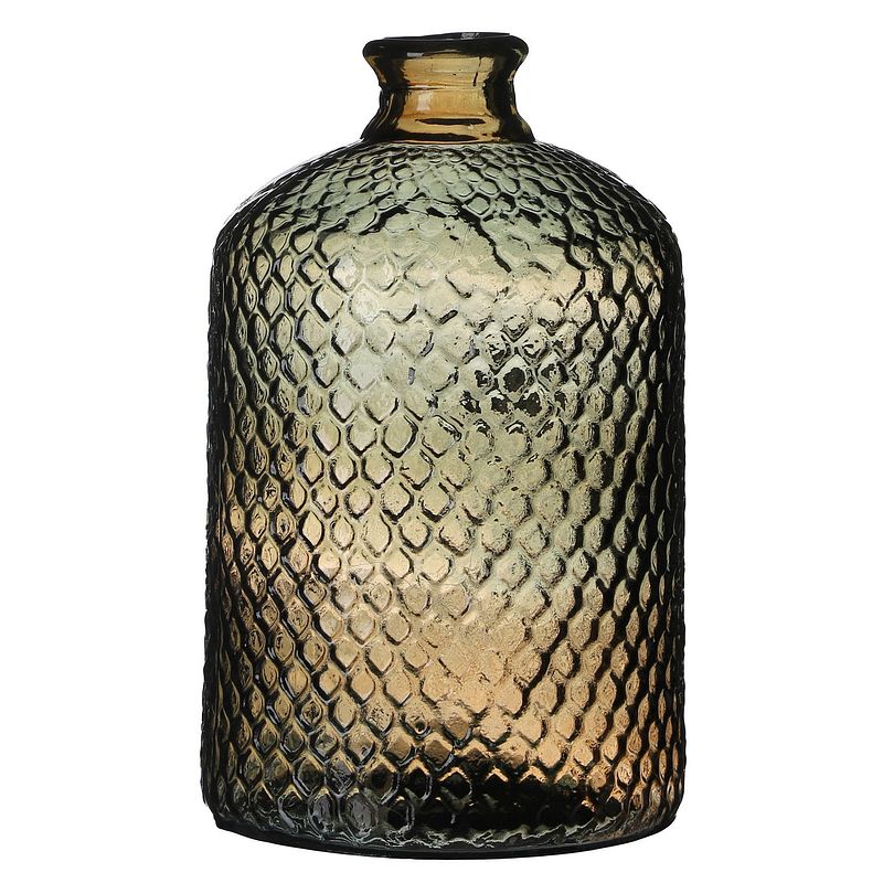 Foto van Natural living bloemenvaas scubs bottle - brons/bruin geschubt transparant - glas - d18 x h31 cm - vazen