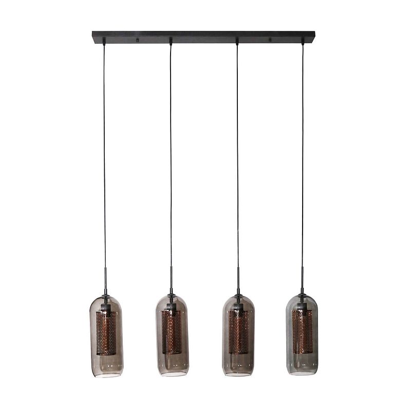 Foto van Industriële hanglamp amy 4-lichts cilinder brons / smoke grey