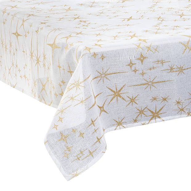 Foto van Tafelkleed kerst sfeer thema - 140 x 240 cm wit met gouden sterren - tafellakens