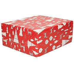 Foto van Kerst inpakpapier/cadeaupapier rood met kerstbomen 200 x 70 cm - cadeaupapier