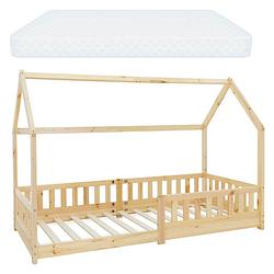 Foto van Kinderbed met uitvalbeveiliging lattenbodem en dak 200x90 cm dennenhout naturel ml-design