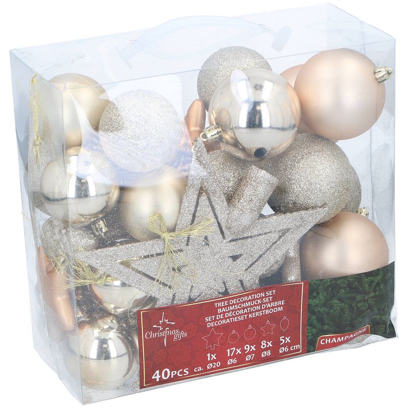 Foto van Christmas gifst kerstballen set champagne - 40 stuks kunststof kerstballen - incl. piek