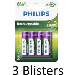 Foto van 12 stuks (3 blisters a 4 st) philips aa oplaadbare batterijen - 2500 mah