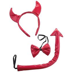 Foto van Funny fashion duivels verkleed setje - hoorntjes diadeem en staart/strik - rood - verkleed accessoires - verkleedhoofdde
