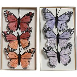 Foto van 6x stuks decoratie vlinders op draad - rood - paars - 6 cm - hobbydecoratieobject