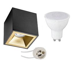 Foto van Opbouwspot set - pragmi cliron pro - gu10 fitting - opbouw vierkant - mat zwart/goud - 6w - natuurlijk wit 4200k -