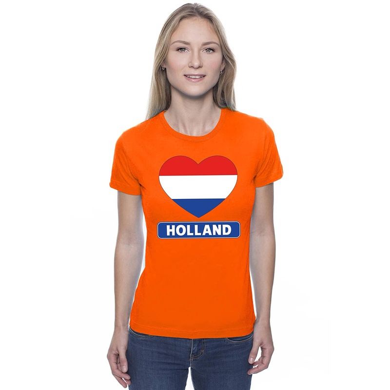 Foto van Oranje holland hart vlag shirt dames - oranje koningsdag/ holland supporter kleding xs