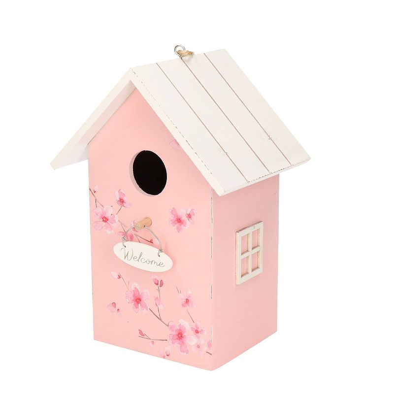 Foto van Nestkast/vogelhuisje hout roze met wit dak 15 x 12 x 22 cm - vogelhuisjes