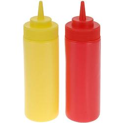 Foto van Doseerflessen/sausflessen - 2x - rood en geel - kunststof - 400 ml - mayo en ketchup knijpflessen - garneergerei