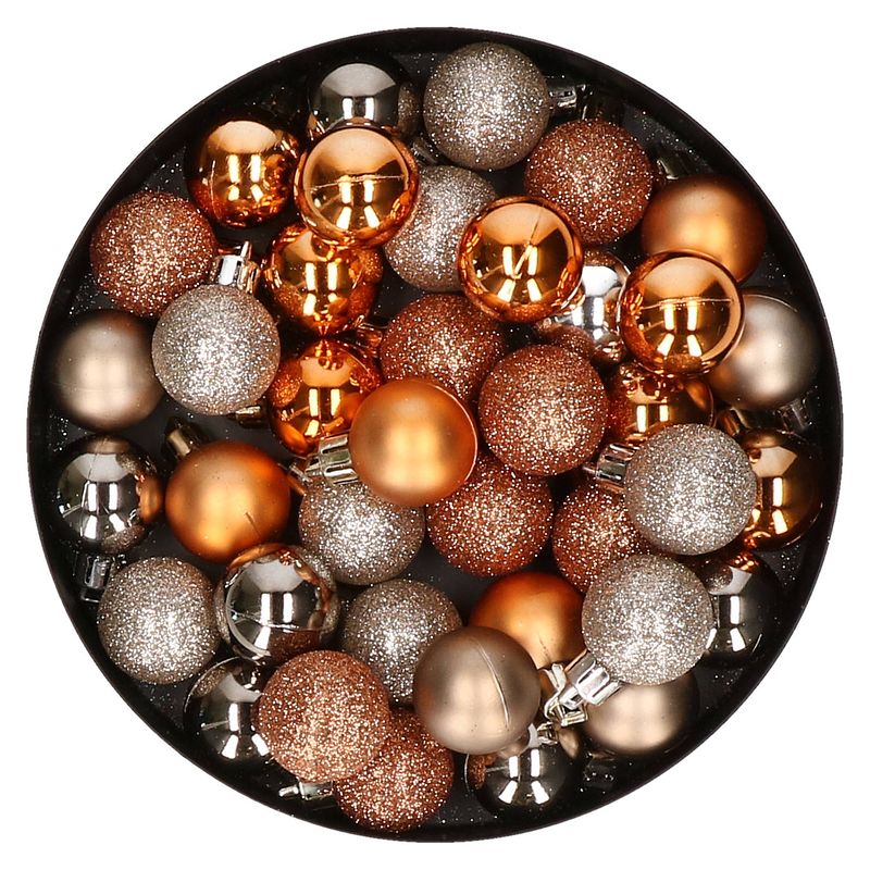 Foto van Set van 40x stuks kunststof kerstballen mix champagne en koper 3 cm - kerstbal