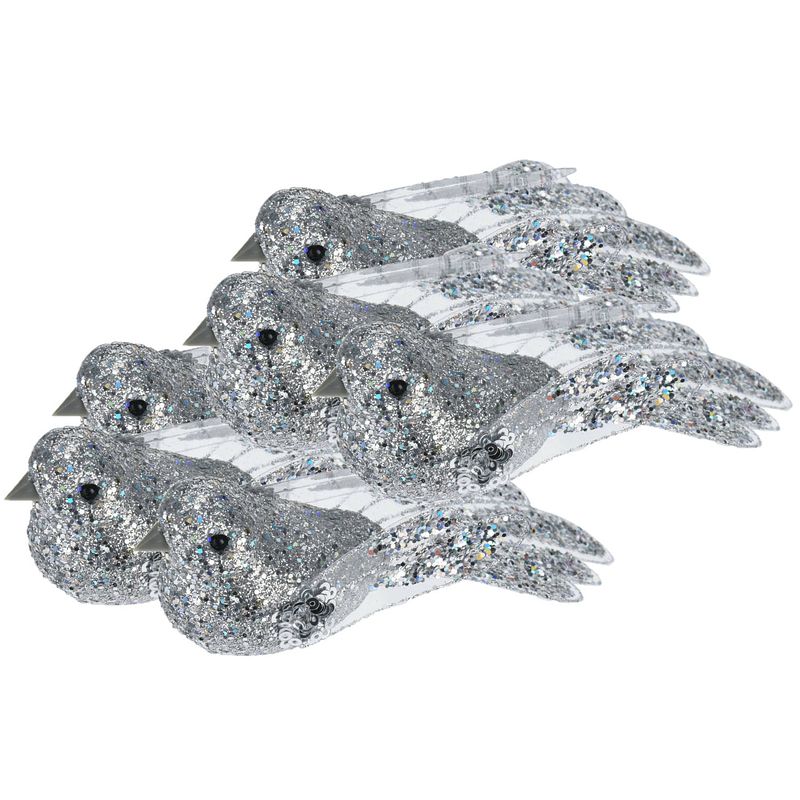 Foto van 6x stuks kunststof decoratie vogels op clip zilver met pailletten 15 cm - kersthangers