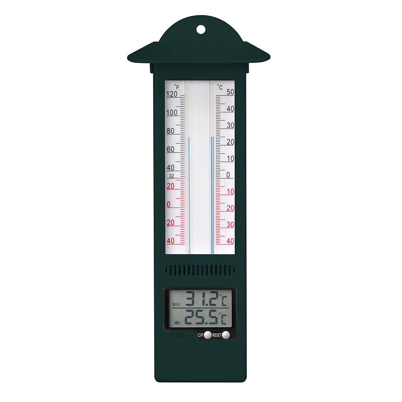 Foto van Binnen/buiten digitale thermometer groen van kunststof 9.5 x 24 cm - buitenthermometers