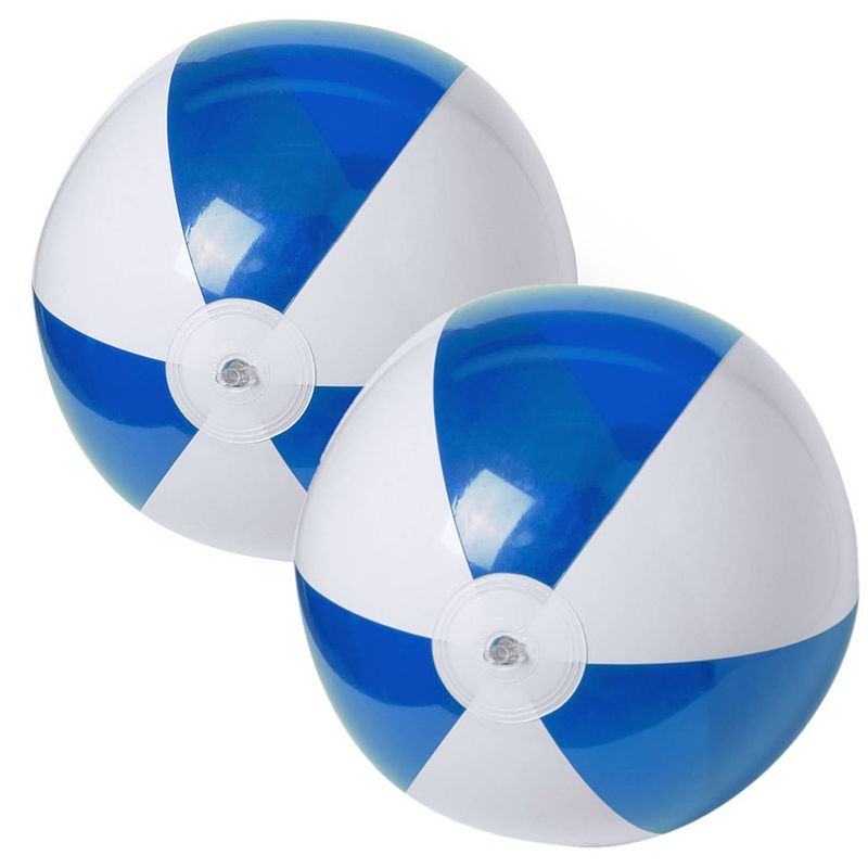 Foto van 2x stuks opblaasbare strandballen plastic blauw/wit 28 cm - strandballen