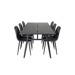 Foto van Sleek eethoek eetkamertafel uitschuifbare tafel lengte cm 195 / 280 zwart en 6 polar eetkamerstal pu kunstleer zwart pu