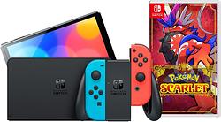Foto van Nintendo switch oled rood/blauw + pokémon scarlet