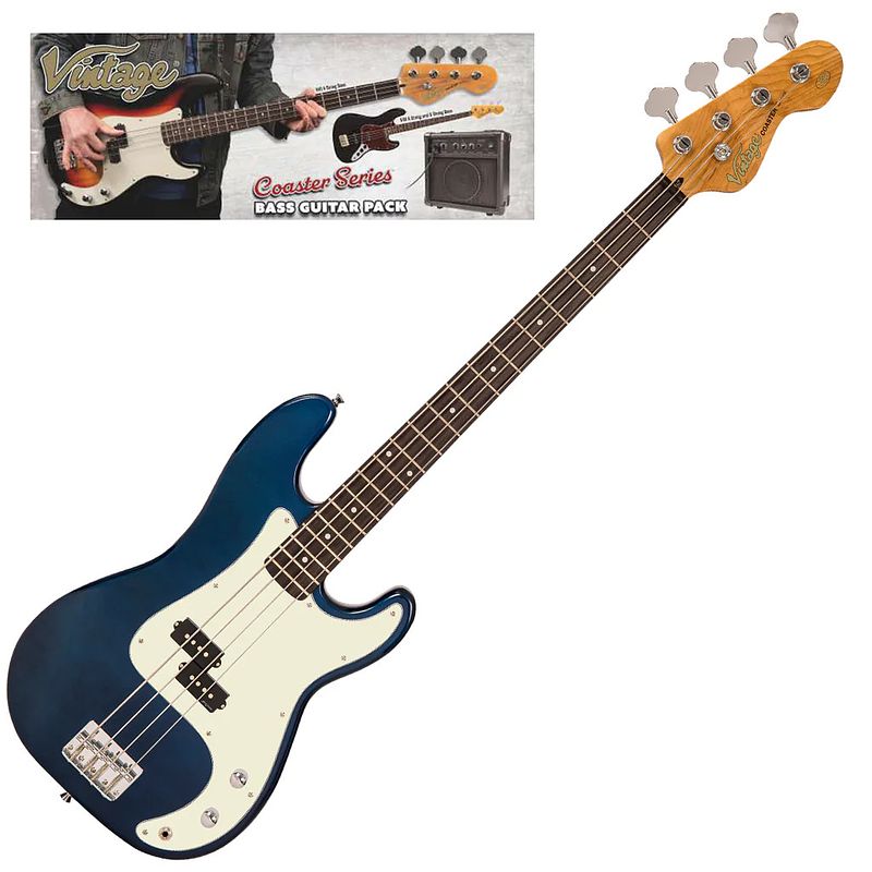 Foto van Vintage vip-v40cab coaster series candy apple blue bass pack elektrische basgitaar set met versterker