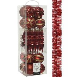 Foto van Decoris 30x stuks kunststof kerstballen en ornamenten met slinger rood - kerstbal