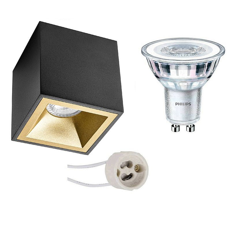 Foto van Opbouwspot set - pragmi cliron pro - gu10 fitting - opbouw vierkant - mat zwart/goud - verdiept - 90mm - philips -