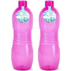 Foto van Plasticforte drinkfles/waterfles/bidon - 2x - 1500 ml - transparant/roze - kunststof - drinkflessen