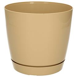 Foto van Plantenpot/bloempot kunststof glanzend creme/beige dia 15.5 x hoogte 14 cm - plantenpotten