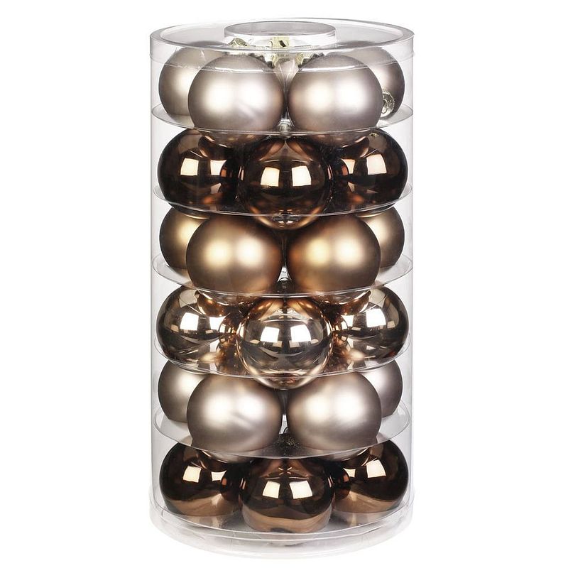 Foto van Tube met 30x bruine/gouden/champagne kerstballen van glas 6 cm - kerstbal