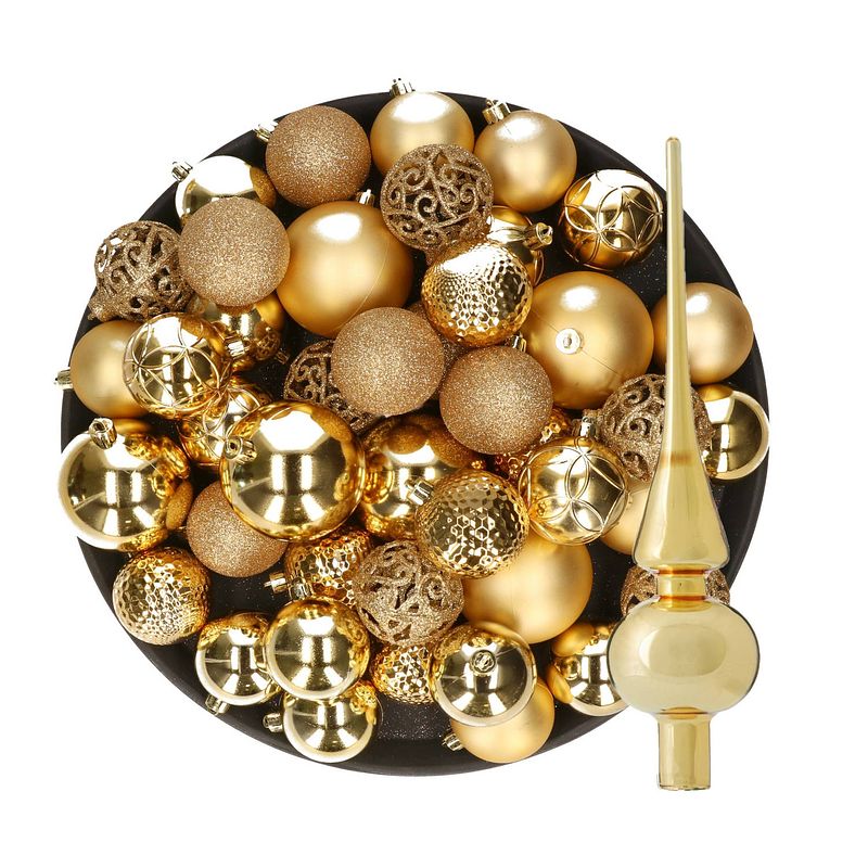 Foto van Kerstversiering kunststof kerstballen met piek goud 6-8-10 cm pakket van 39x stuks - kerstbal