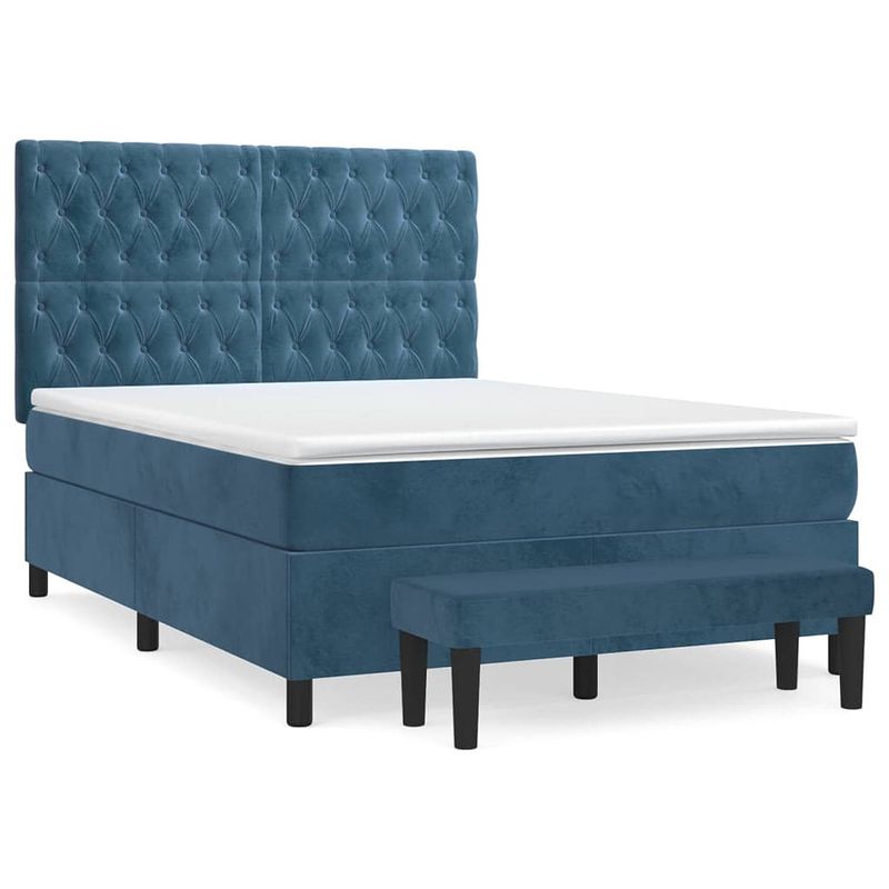 Foto van The living store boxspringbed - donkerblauw - 203 x 144 x 118/128 cm - fluweel - pocketvering - middelharde