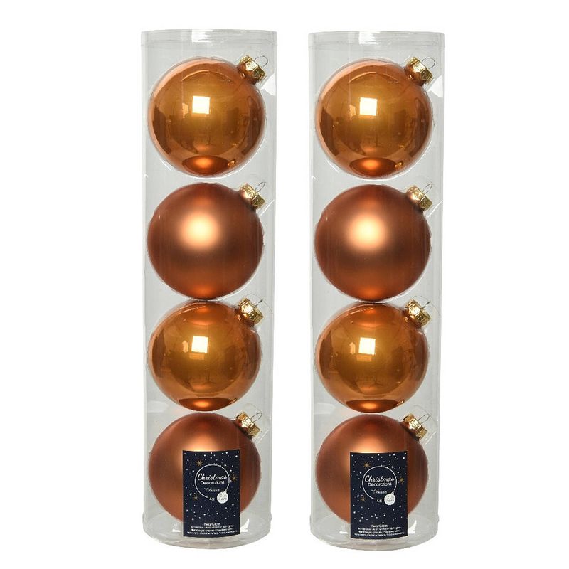 Foto van 8x stuks glazen kerstballen cognac bruin (amber) 10 cm mat/glans - kerstbal