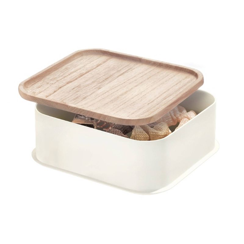 Foto van Idesign - opbergbox met deksel, 21.3 x 21.3 x 7.6 cm, paulownia hout, kokoswit - idesign eco storage