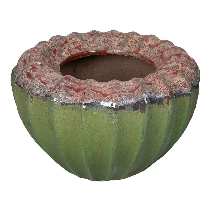 Foto van Ptmd jinah green ceramic pot organic ribbed round s