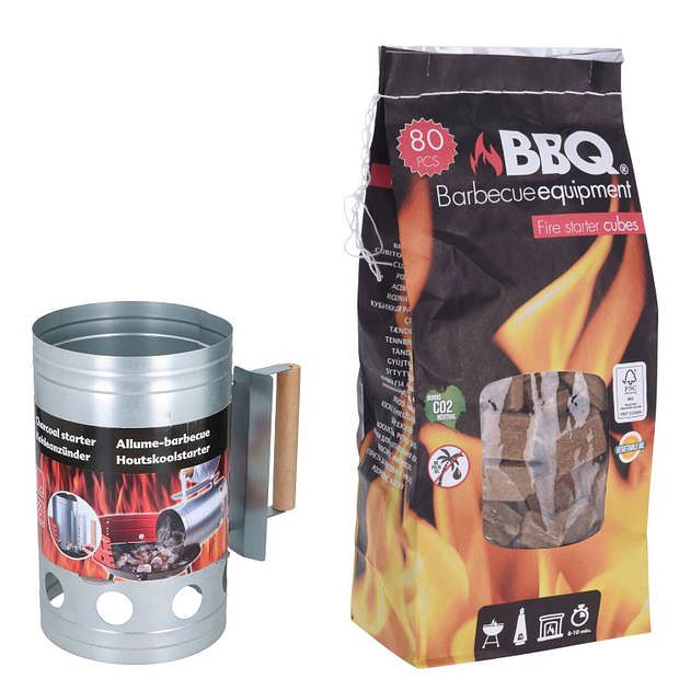 Foto van Bbq briketten/houtskool starter met houten handvat 27 cm met 80x bbq aanmaakblokjes - brikettenstarters