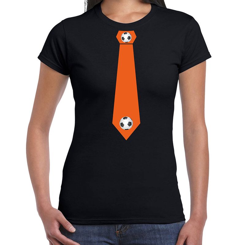 Foto van Zwart fan shirt / kleding holland oranje voetbal stropdas ek/ wk voor dames xs - feestshirts