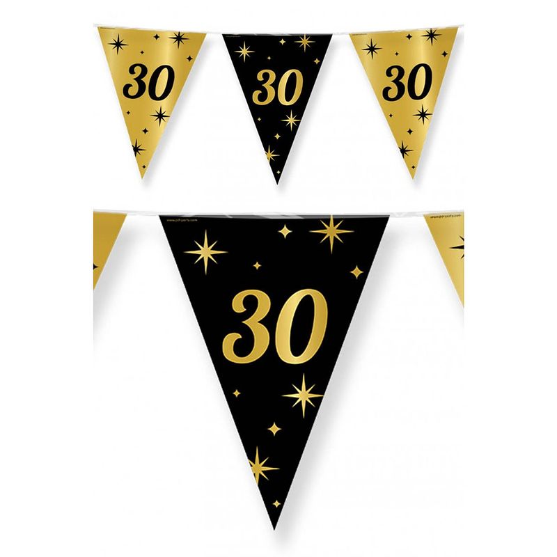 Foto van 3x stuks leeftijd verjaardag feest vlaggetjes 30 jaar geworden zwart/goud 10 meter - vlaggenlijnen