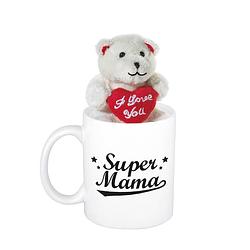 Foto van Moederdag cadeau super mama beker / mok 300 ml met beige knuffelbeertje met love hartje - feest mokken