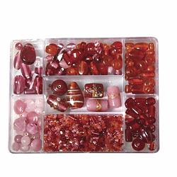 Foto van Roze/rode glaskralen in opbergdoos 115 gram hobbymateriaal - kralenbak