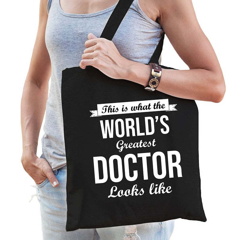 Foto van Worlds greatest doctor tas zwart volwassenen - werelds beste dokter cadeau tas - feest boodschappentassen