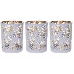 Foto van Set van 3x stuks theelichthouders/waxinelichthouders glas wit/goud bladeren print 12,5 cm - waxinelichtjeshouders