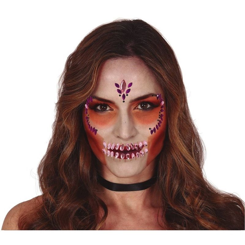 Foto van Halloween - plak diamantjes schedel/sugarskull gezicht versiering lila paars - verkleedgezichtdecoratie