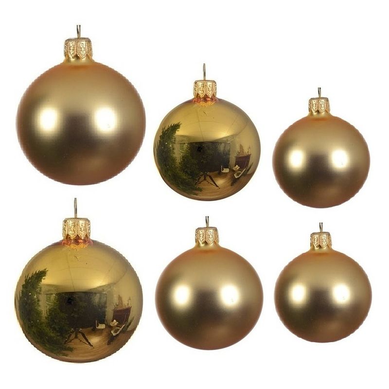 Foto van Glazen kerstballen pakket goud glans/mat 16x stuks diverse maten - kerstbal