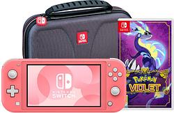 Foto van Nintendo switch lite koraal + pokémon violet + bigben beschermtas