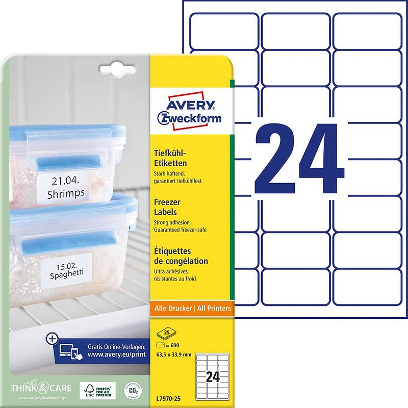 Foto van Avery-zweckform l7970-25 etiketten 63.5 x 33.9 mm papier wit 600 stuk(s) permanent diepvriesetiketten laser, kopie